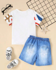 2pcs/Set Boy Summer Geometric Print Short Sleeve T-Shirt + Denim Effect Shorts Outfit