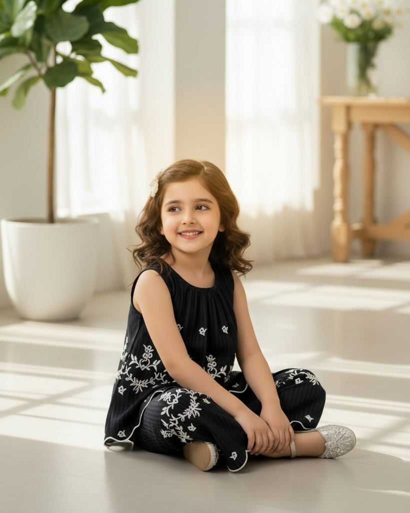 Girls Sleeveless Co-Ord Set – Black Printed Embroidered Hem Top & Wide-Leg Pants