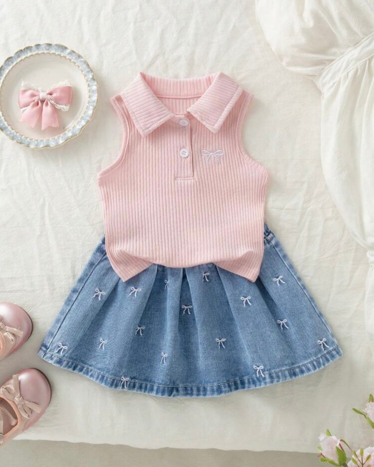 Girls’ Pink Sleeveless Polo Knit Top & Light Blue Denim Skirt