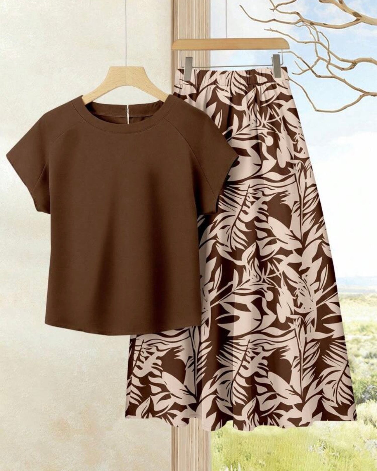 2PCS Summer Skirt Set – Brown Top & Printed Skirt Outfit