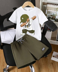 2pcs Boy Graphic Print Short Sleeve T-Shirt And Shorts