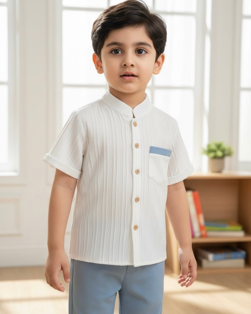 Boys 2pcs White Vertical Striped Short Sleeve Shirt & Blue Pants