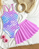 Girls Mermaid Print One-Piece Swimsuit with Skirt