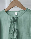 Tween Girls Green Textured Bow Tie Long Sleeve Shirt