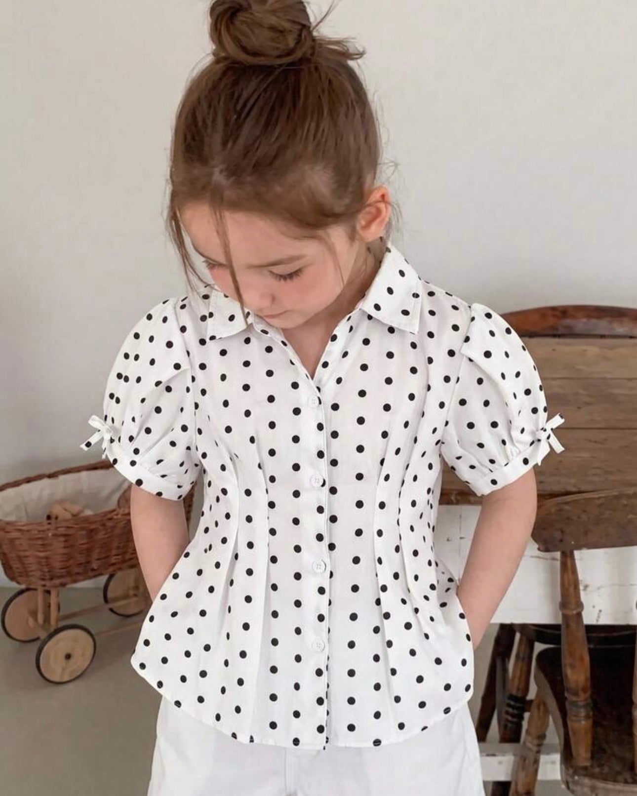 Girls White & Black Polka Dot Button-Down Collared Shirt