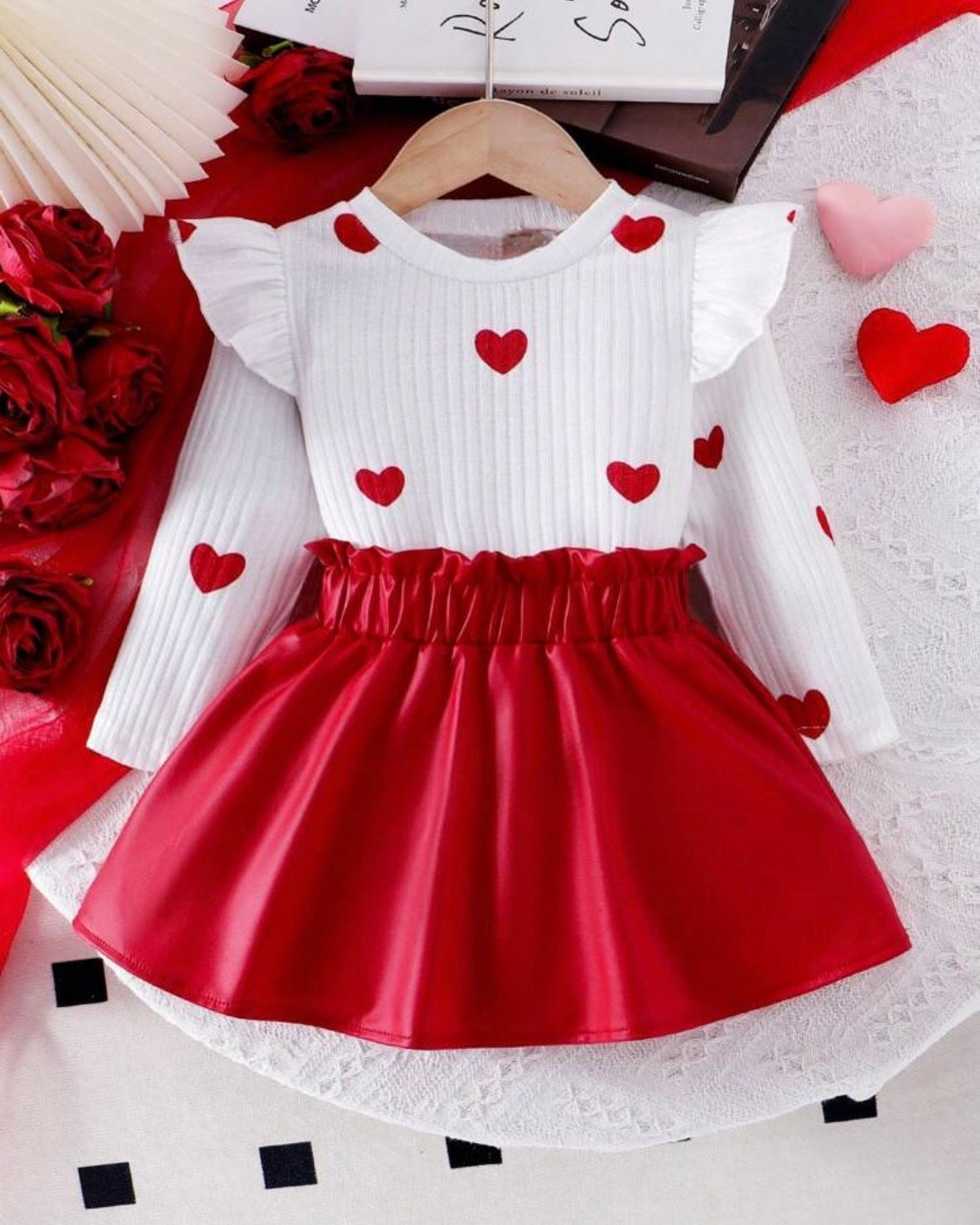 Baby Girl White Long Sleeve Top With Heart Print & Red Skirt