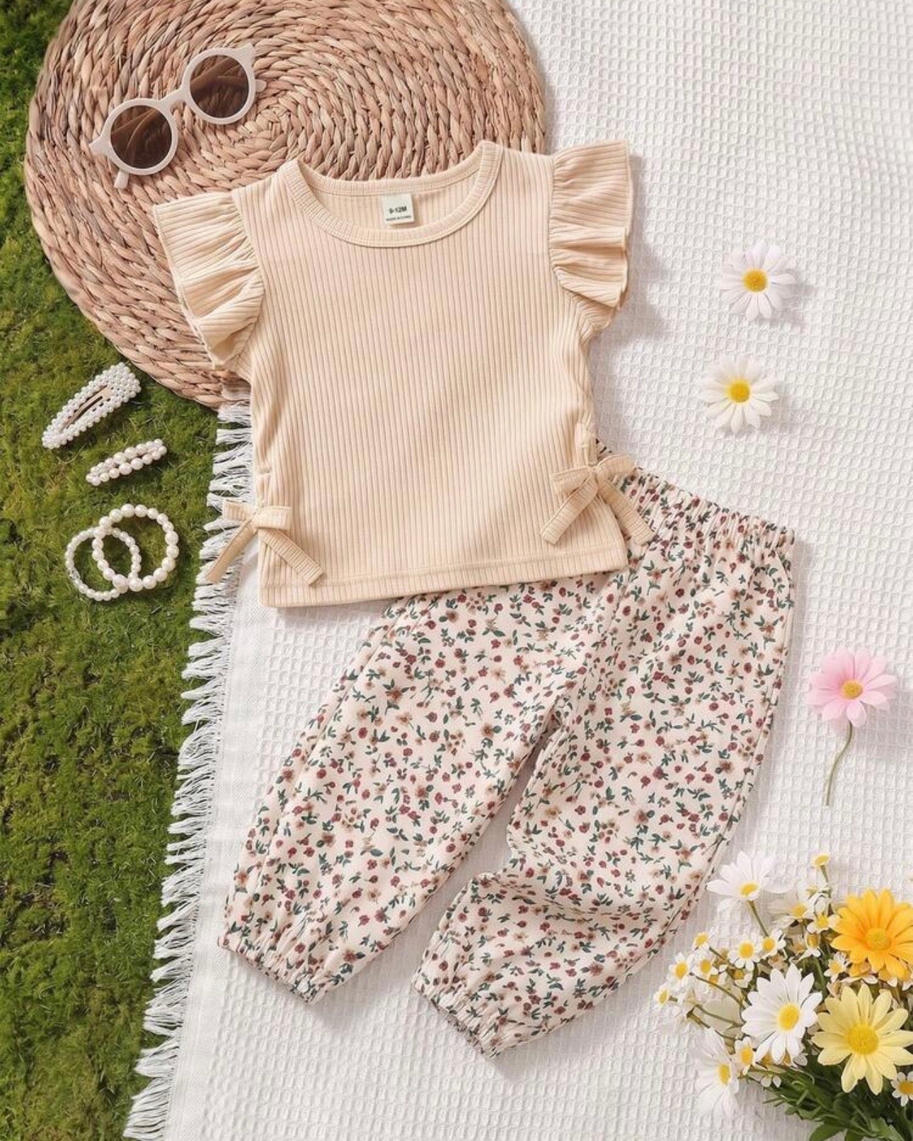 Baby Girls Skin Striped Ruffle Sleeve T-Shirt & Floral Pants Set