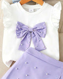 Girls 2-Piece 3D Purple Bow Beaded Outfit Set – Cap Sleeve Top & Beaded Slit Shorts