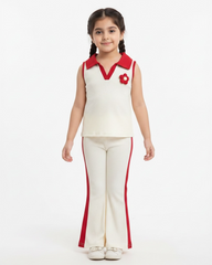 2pcs Girls 3D Floral Knitted White and Red Polo Vest And Flared Pants