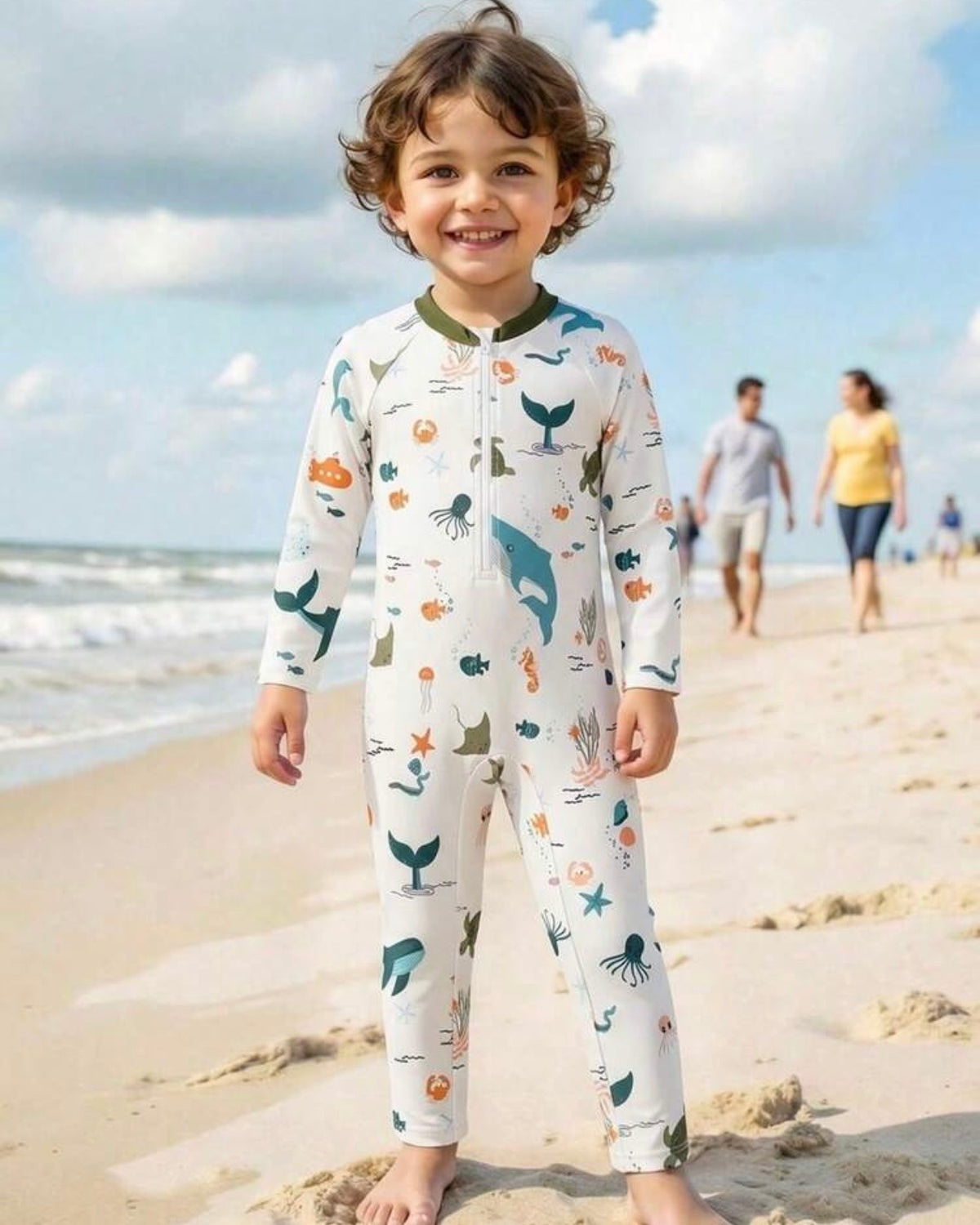 Boys White Nature Print Long Sleeve One-Piece Swimsuit