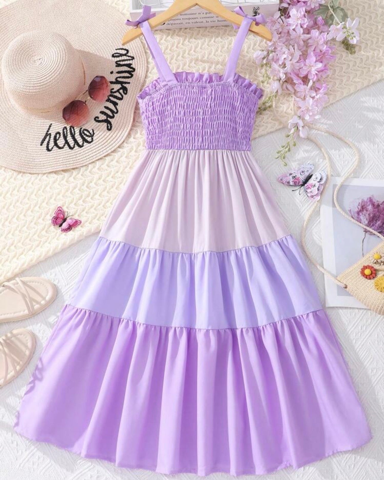 Tween Girl Purple Colorblock Shoulder Ruffle Hem Cami Dress