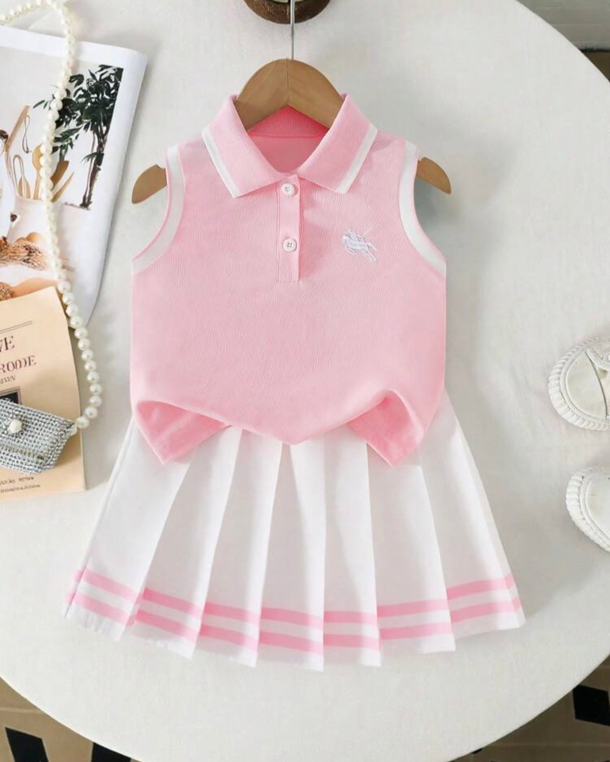 Girls Light Pink Tennis Outfit Set – Sleeveless Polo Shirt & Pleated Skirt