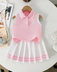 Girls Light Pink Tennis Outfit Set – Sleeveless Polo Shirt & Pleated Skirt