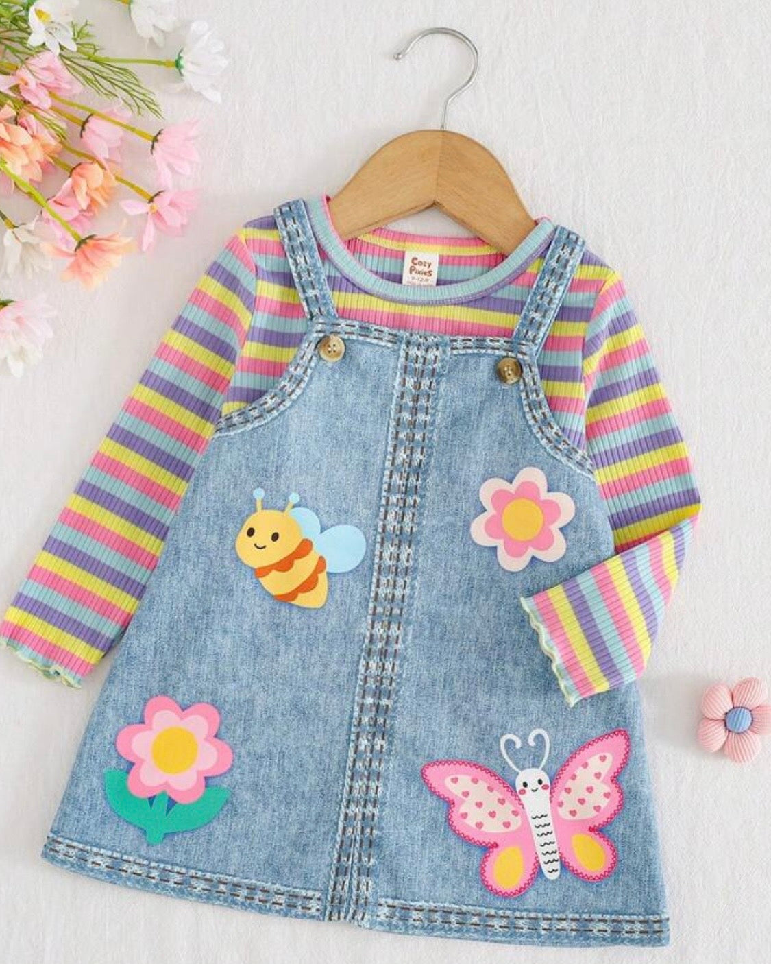 Baby Girl 2pc Striped Top & Floral Suspender Dress Set