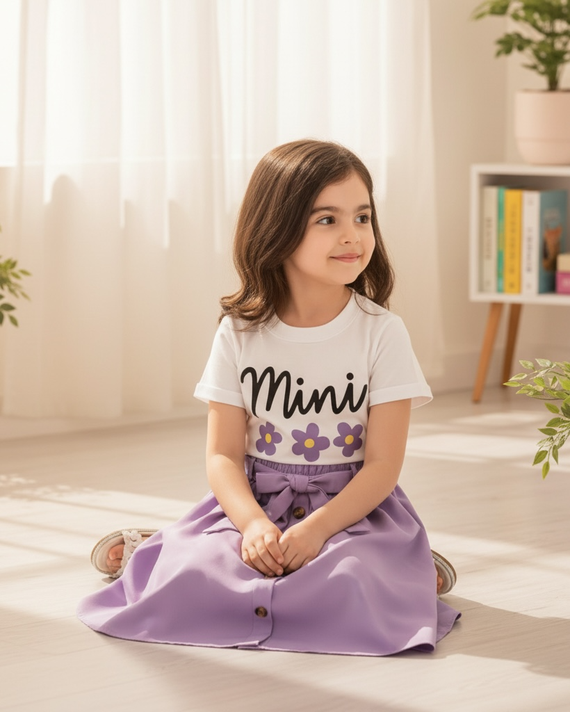 Girls Print Tee & Purple Belted Skirt Set