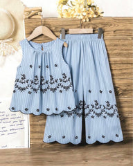 Girls Sleeveless Co-Ord Set – Blue Printed Embroidered Hem Top & Wide-Leg Pants