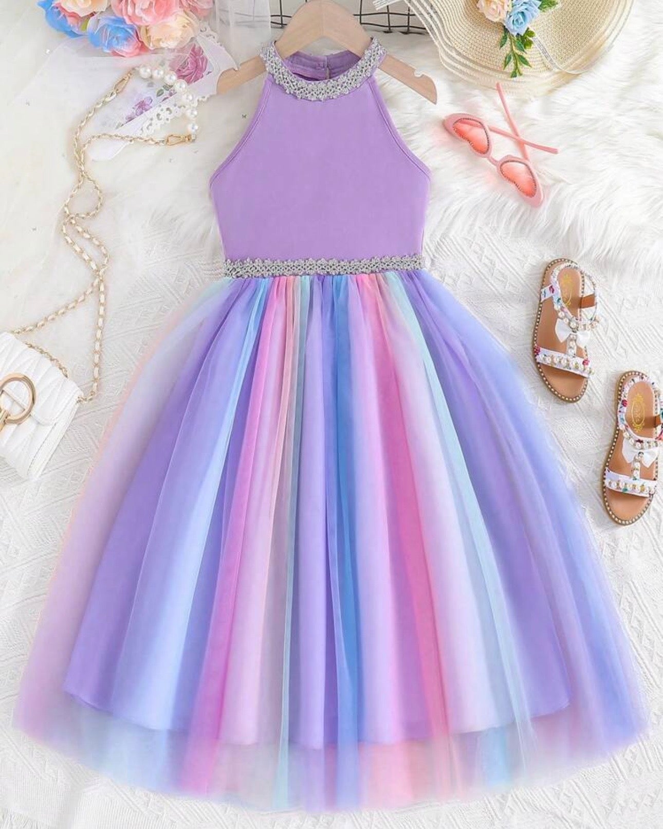 Tween Girls’ Ombre Mesh Splice Halter Neck Princess Dress