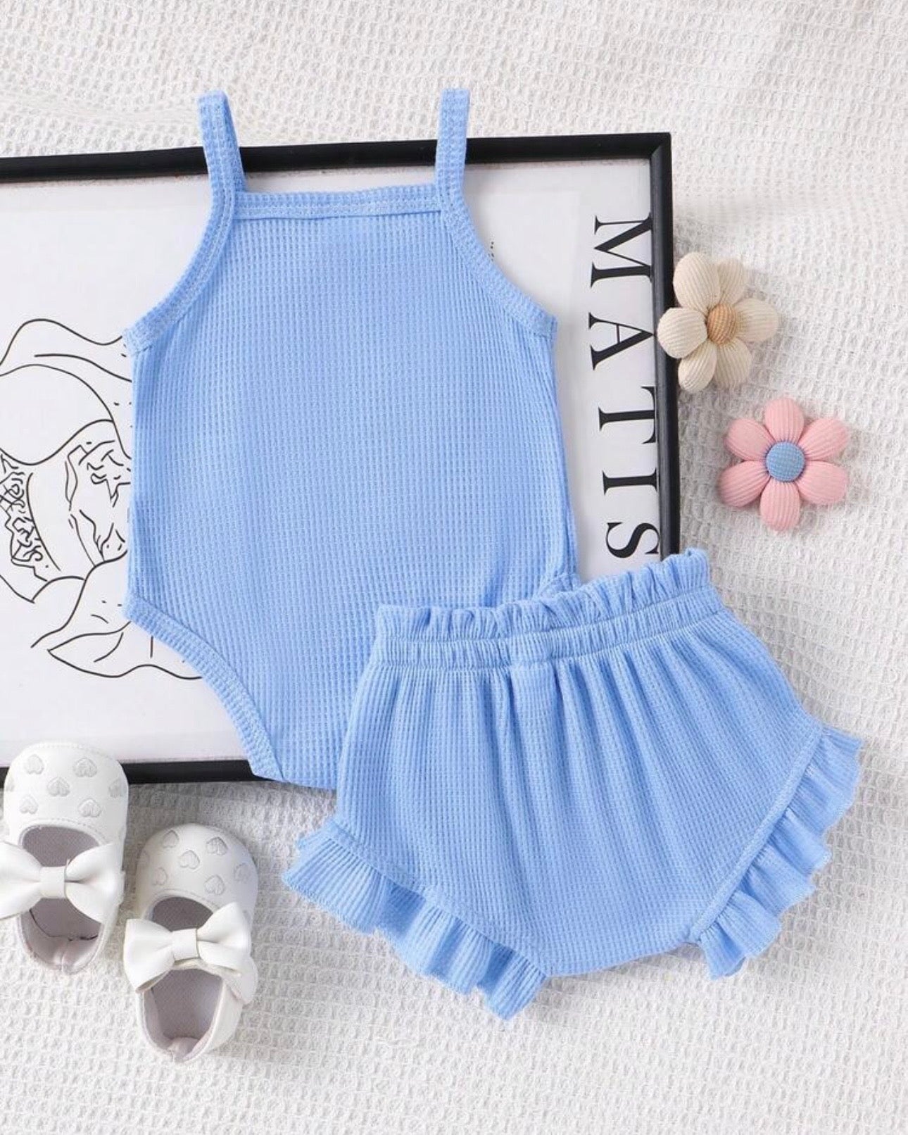 2Pcs Baby Girl Blue Embroidered Camisole Romper & Shorts Set