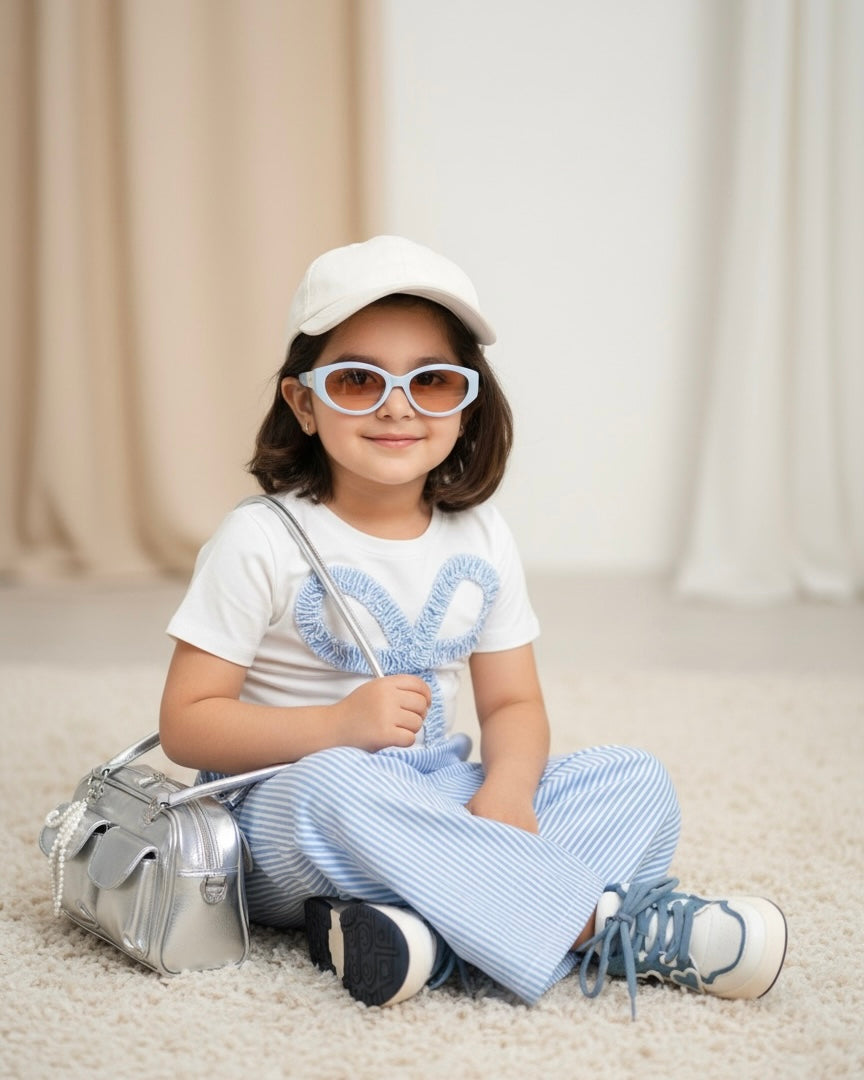 2pcs Toddler Girl Sky Blue Striped Bowknot T-Shirt & Pants Set