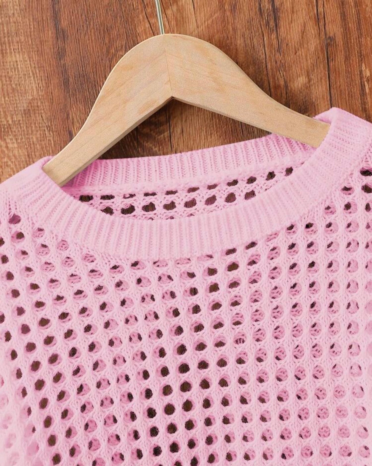 Tween Girls Pink Crew Neck Long Sleeve Hollow Knitwear