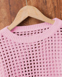 Tween Girls Pink Crew Neck Long Sleeve Hollow Knitwear