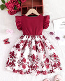 Girls’ Meroon  Summer Ruffled Sleeve Bow-Tie Floral Print Dress