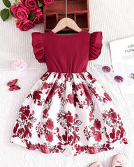 Girls’ Meroon  Summer Ruffled Sleeve Bow-Tie Floral Print Dress