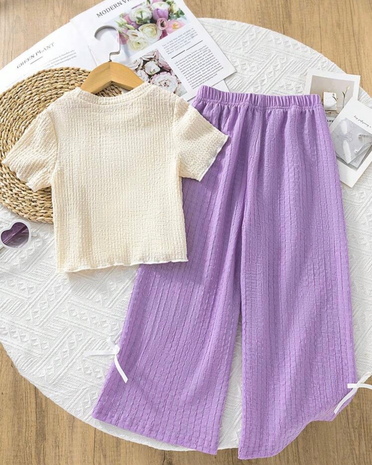 Girls Purple 3D Floral Textured T-Shirt & Pants Set – 2pcs Casual Outfit