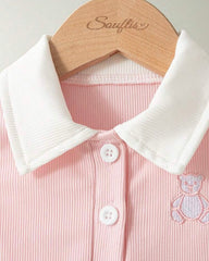 2pcs Pink Baby Girl Bear Embroidery Sleeveless Top and Off-White Pleated Skirt