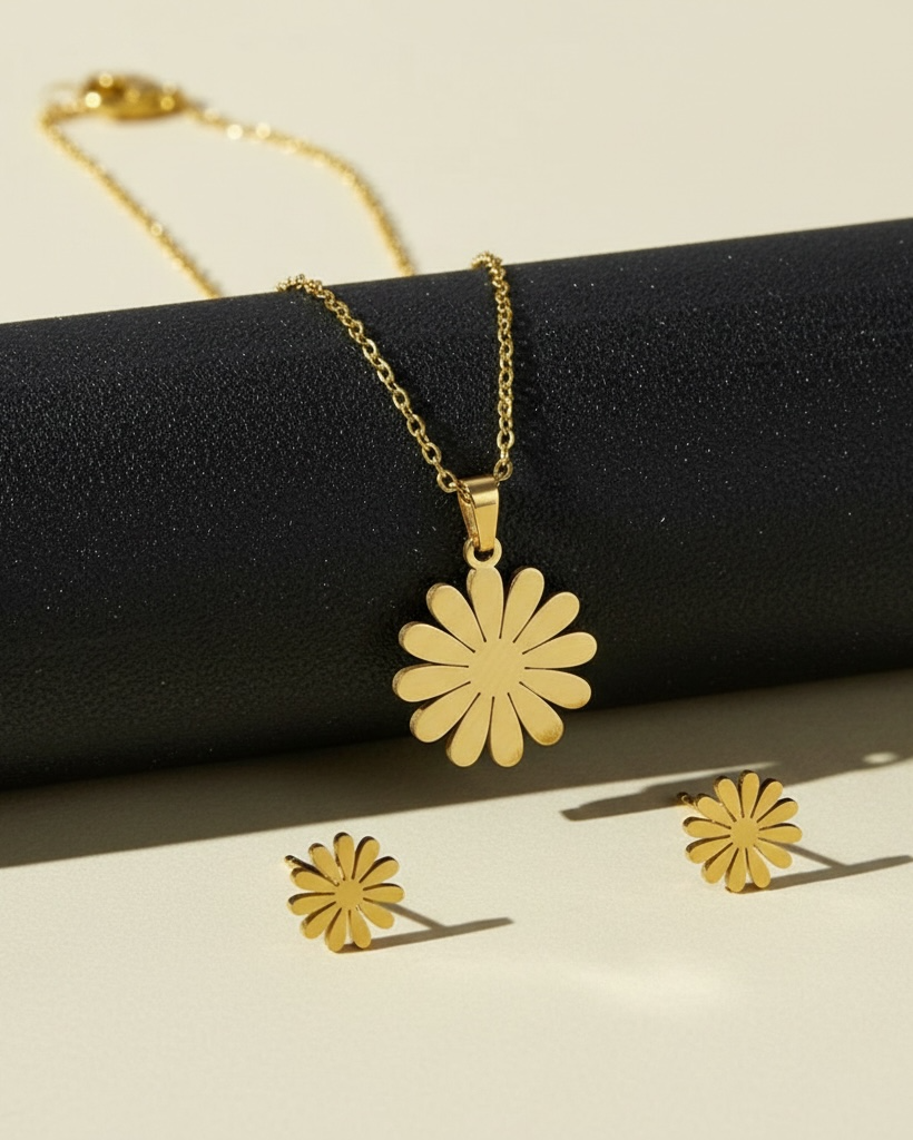 Stainless Steel Golden Flower Pendant Necklace and Earrings