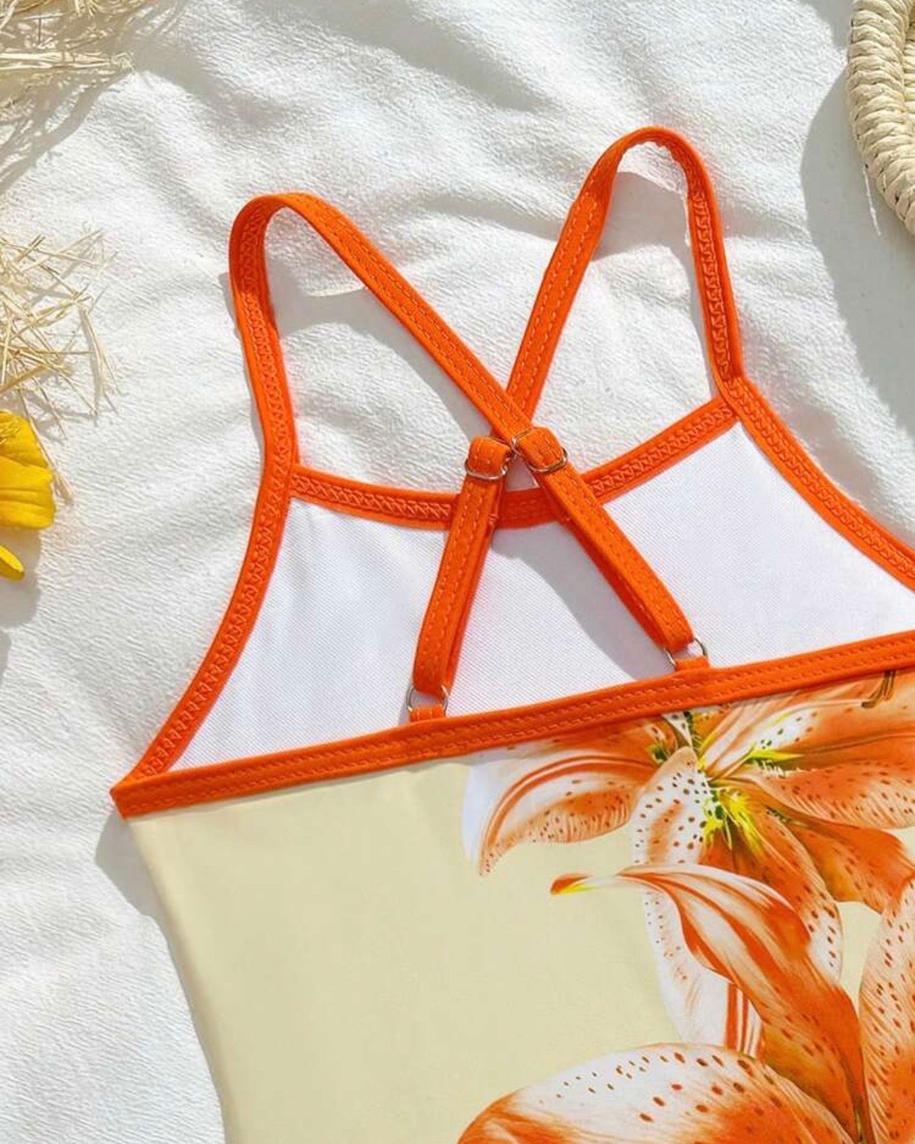 Young Girls Orange Floral Print One-Piece Swimsuit with Ruffle Skirt