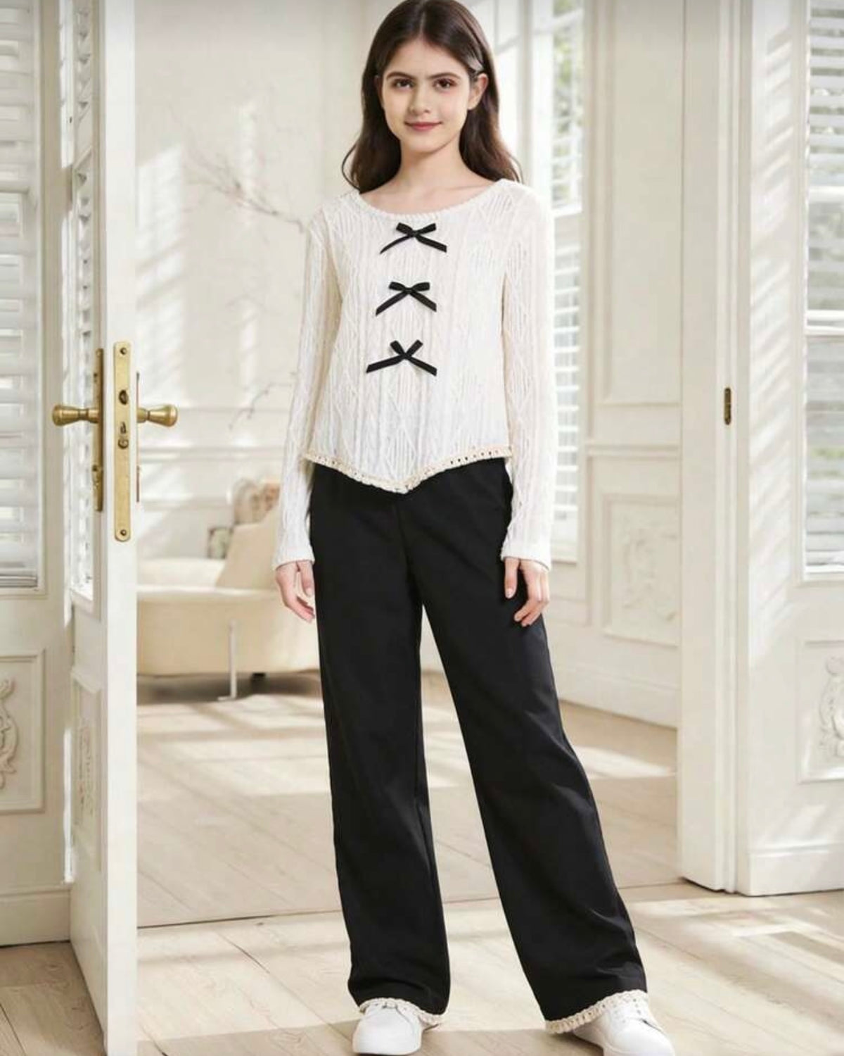 2pcs/Set Girls Ruffle Trim V-Neck Long Sleeve Top And Straight Leg Floral Trim Denim Pants Casual Outfit
