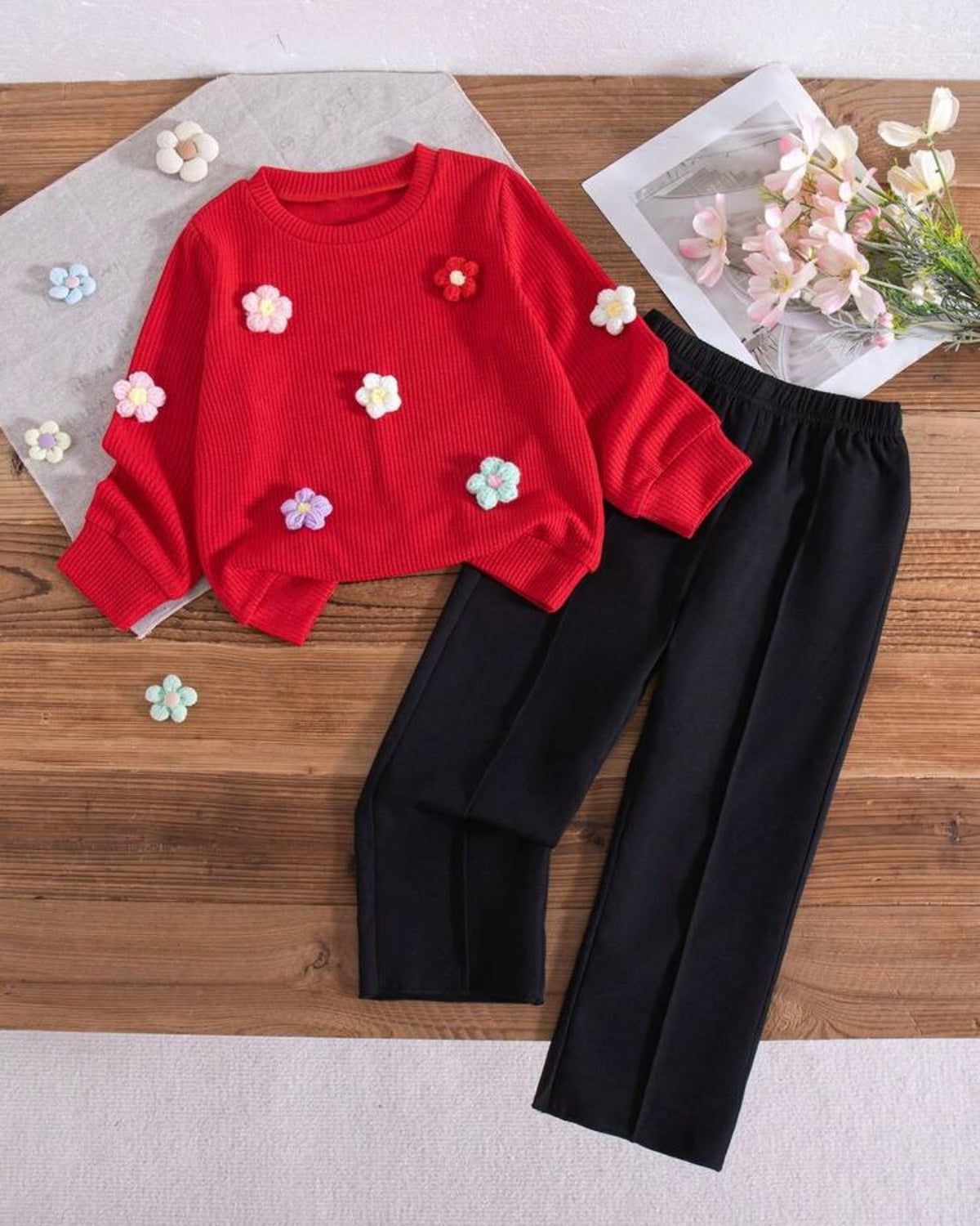 Girls Red 3D Floral Decor Round Neck Long Sleeve Sweatshirt And Pants Set