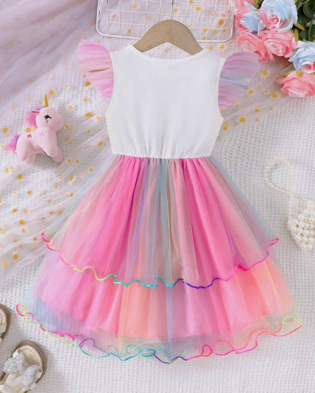Young Girls Unicorn Cap Sleeve Gradient Princess Dress