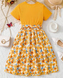 Girls Yellow Floral Patchwork Dress – Sweet Short Sleeve Summer Casual Dress