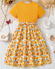 Girls Yellow Floral Patchwork Dress – Sweet Short Sleeve Summer Casual Dress