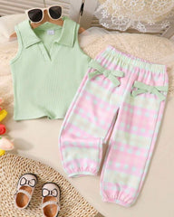 2pcs Girls’ Green Knit Shirt & Ombre Plaid Pants