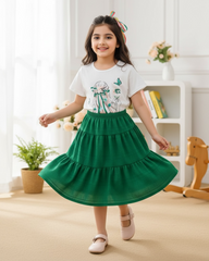 2pcs Girl Green Floral Print Shirt and Silhouette Skirt Set