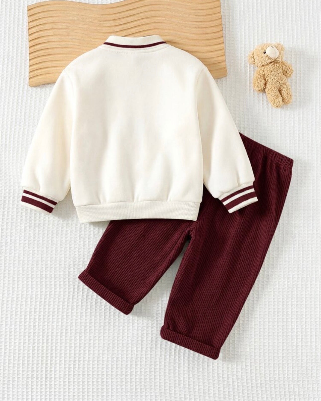 Baby Boy Bear Knitted 2-Piece Winter Outfit- White & Meroon