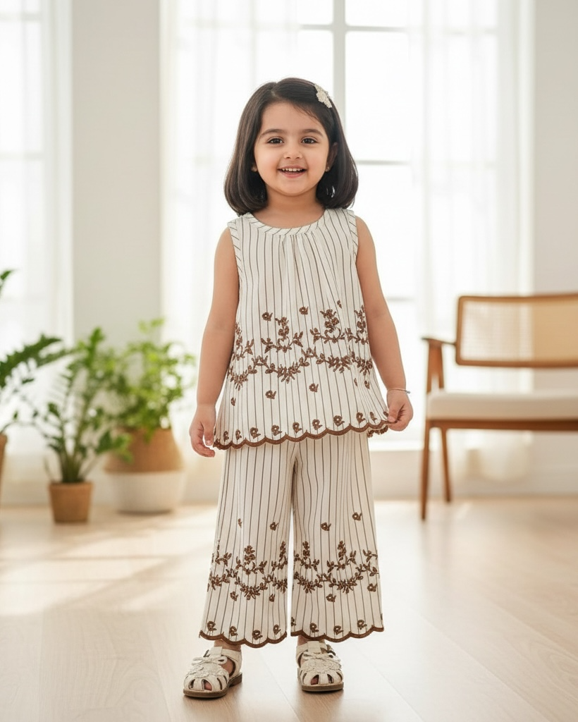 Baby Girls Sleeveless Co-Ord Set – Brown Printed Embroidered Hem Top & Wide-Leg Pants