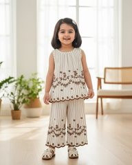 Baby Girls Sleeveless Co-Ord Set – Brown Printed Embroidered Hem Top & Wide-Leg Pants