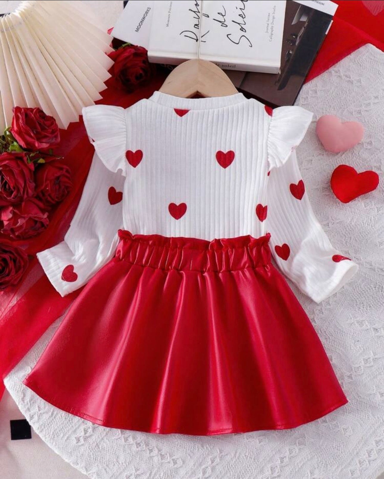 Baby Girl White Long Sleeve Top With Heart Print & Red Skirt