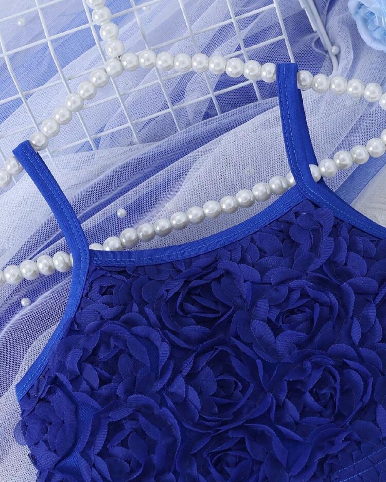 Girls Royal Blue Floral Embroidery Top & Tulle Skirt 2-Piece Set