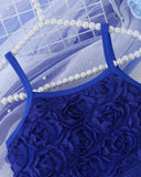 Girls Royal Blue Floral Embroidery Top & Tulle Skirt 2-Piece Set
