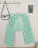 Tween Girls Mint Green Crew Neck Long Sleeve Hollow Knitwear