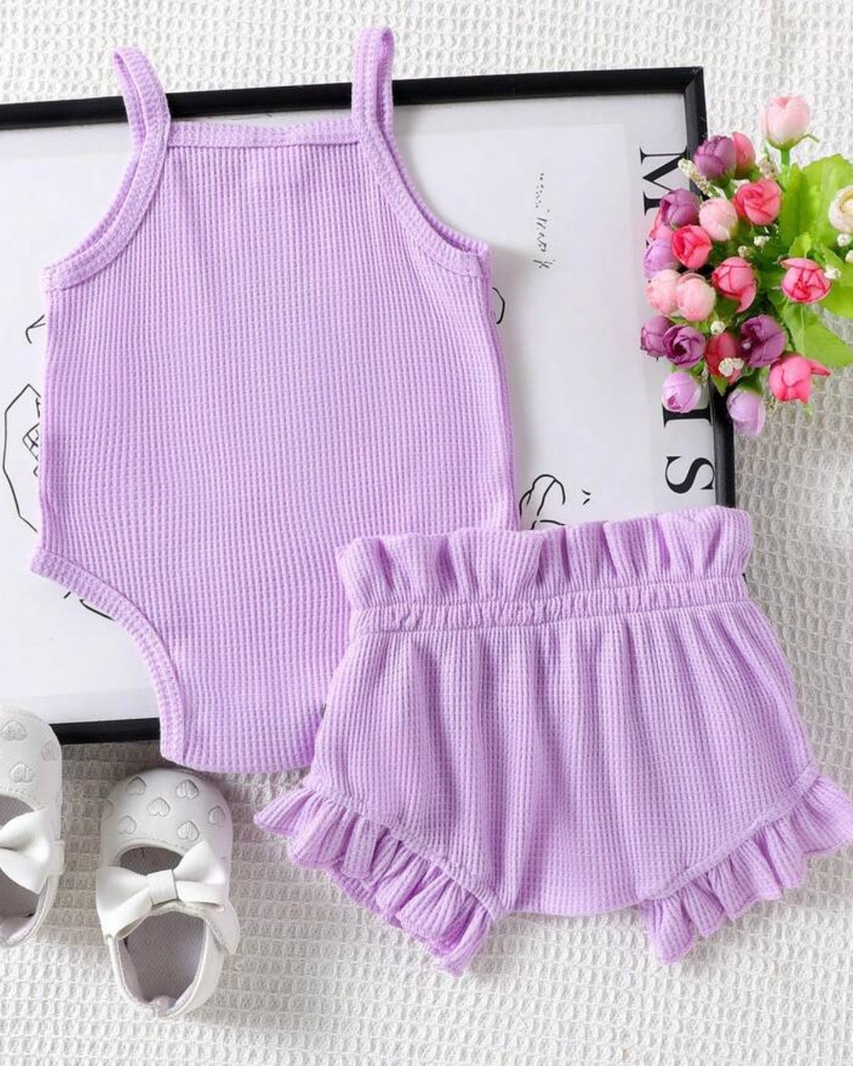 2Pcs Baby Girl Purple Embroidered Camisole Romper & Shorts Set