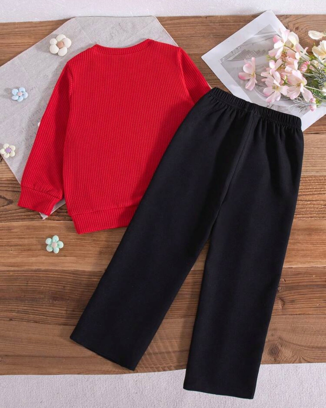 Girls Red 3D Floral Decor Round Neck Long Sleeve Sweatshirt And Pants Set