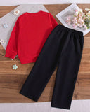 Girls Red 3D Floral Decor Round Neck Long Sleeve Sweatshirt And Pants Set