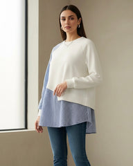 Women Striped Patchwork Contrast Color Ribbed Button Casual Top