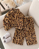 Baby Girl Leopard Print Fuzzy Sweatshirt & Elastic Waist Long Pants Set